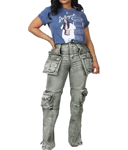 Women's Novelty Stretch Cargo Jeans Fashion Zip Side Slit High Waist Denim Jeans Y2K Streetwear Jeans Pants