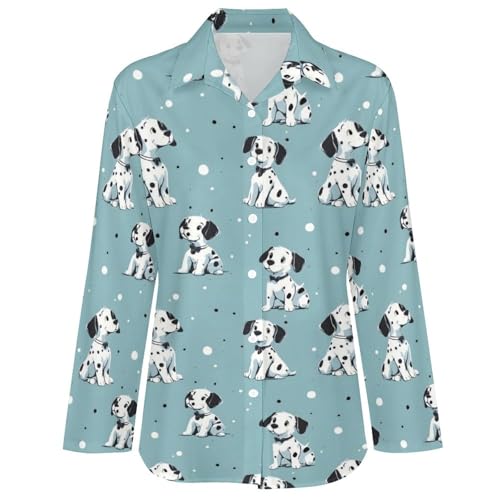 Süßes gepunktetes Hunde-Hemd mit Knopfleiste für Damen, langärmelig, Button-Up-Shirt, Bluse, Tops, lässig, Mehrfarbig, XXL