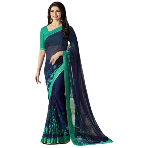 Ethnic Closet Georgette Navy Blue Saree Floral Printed Women Designer Dress Sari With Blouse Cover