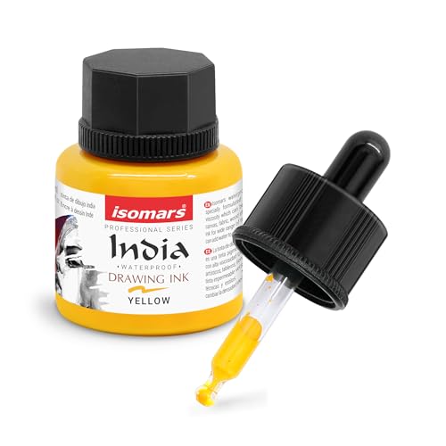 Image of Isomars Waterproof Drawing Ink with Dropper - 35ml | India Ink for Calligraphy, Art, Technical Drawing | Fade-Resistant & Quick-Drying (Yellow)