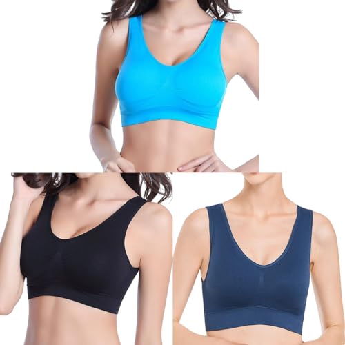 SRTUMEY 3 PZ Donne Reggiseni Sportivi Compressione Morbido Supporto Completo Ad Alto Impatto Yoga Reggiseno Sportivo Plus Size Reggiseno Fitness Cotone Plus Size Plus Size, Blu+nero+blu scuro,