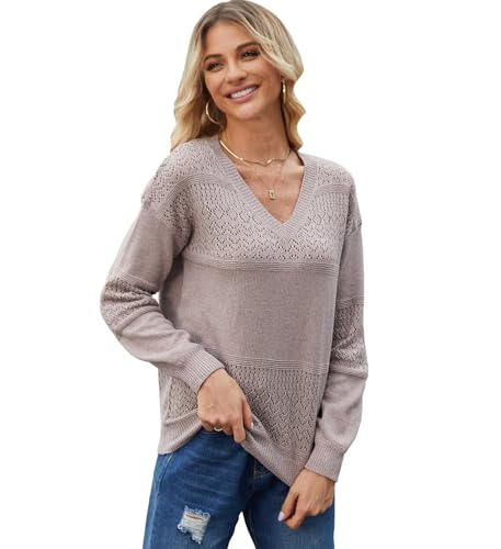 Image of Bluetime Womens Fall Fashion 2024 Sweaters V Neck Ribbed Knit Lightweight Casual Long Sleeve Crochet Pullover Sweater Tops