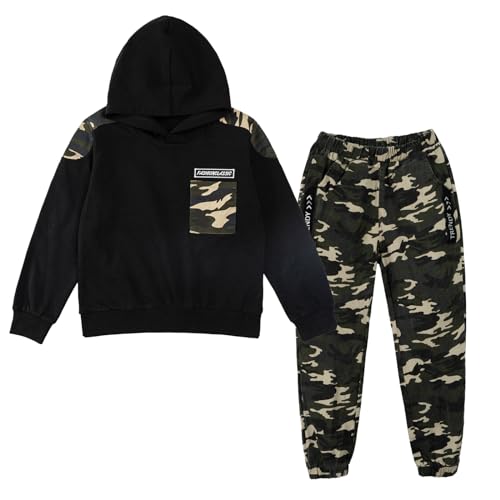 LOLANTA 2PCS Enfants Survêtement Ensemble Sweatshirt à Capuche et Pantalon de Cargo Camouflage pour Garçons, Noir, 6-7 ans, 130