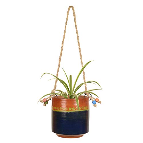 Image of AAKRITI ART CREATIONS Terracotta Hanging Planter | Blue & Brown Earthen Design with Jute Hanger, Modern Art, Matte Finish | Decorative Hanging Pot for Indoor & Outdoor Home Decor