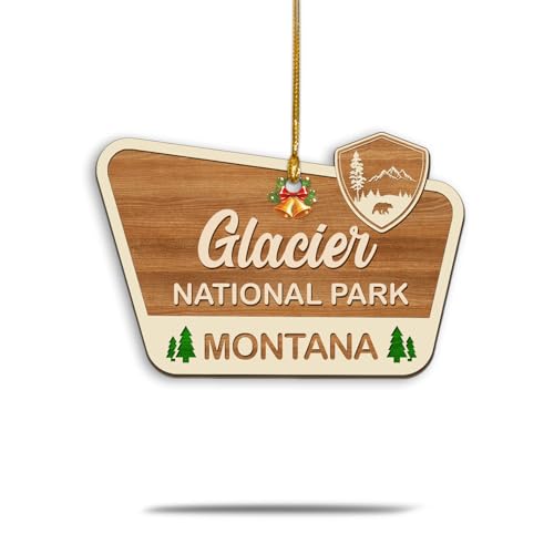 Glacier National Park Wooden Ornament, Glacier Mountain Landscape Scene Bear Decor for Christmas...