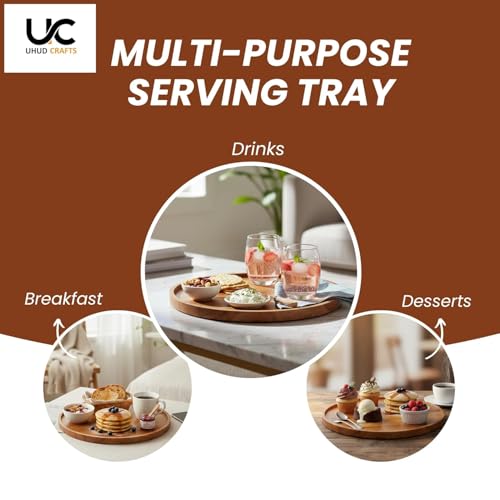 Image of UHUD CRAFTS Premium Wooden Round Serving Tray /Platter | Decorative Tray for Home Decor, Dining Table & Kitchen Decor | Circular Solid Wood Tray for Serving Tea, Coffee or Breakfast