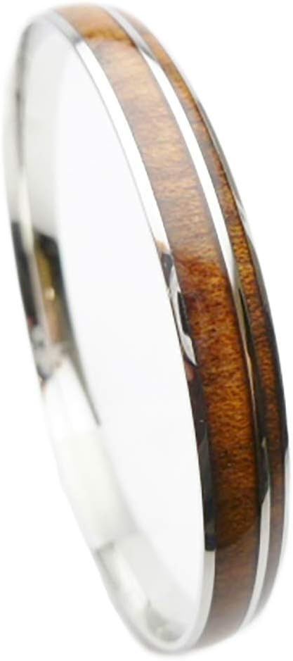 316L Stainless Steel Comfort Fit Natural Hawaii Koa Wood Inlay With Stripe Hawaiian Curved Top Bangle Bracelet (Width: 8mm, 10mm, 12mm) (Size: 7.5", 8", 8.5")