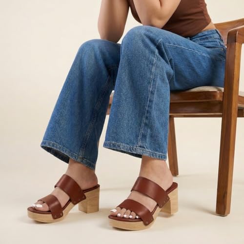 Image of CUSHIONAIRE Sky Platform Sandals for Women, Faux Wood Block Heel Slide with Comfort Foam Footbed and Vegan Leather Straps, Wide Width Available
