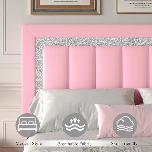 HOMBCK Full Size Bed Frame with Diamond Headboard, Full Bed Frame with Velvet Headboard and Footboard, Upholstered Platform Bed with Wooden Slats, No Box Spring Needed, Easy Assembly, Pink - Thumbnail 4
