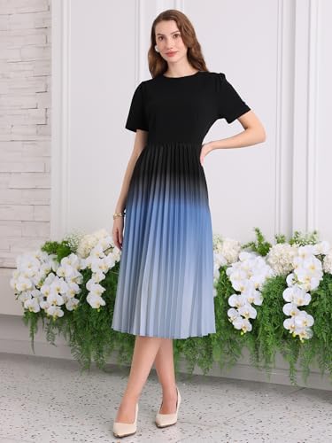 Women's Short Sleeve Pleated Dress 2025 Spring Trendy Office Work A-Line Midi Dresses2