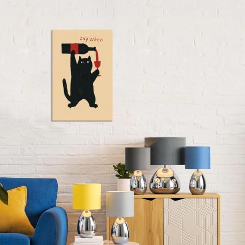 Framed Funny Say When Cat Wine Canvas Posters Humor Black Cat Wall Art Wine Cat Lover Prints Painting For Bedroom Living Room Bathroom Wall Decor 8x10in — view 6