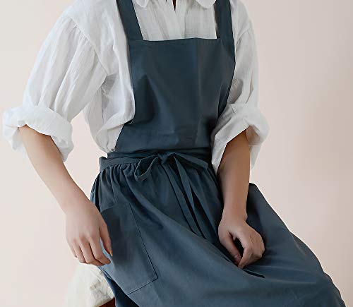 Losofar Women Girls Vintage Cute Apron Gardening Works Cross Back Cotton/Linen Blend Aprons Pinafore Dress With Two Pockets (Blue, 40L) #TOP6