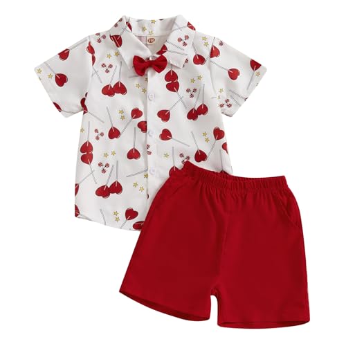 Ayalinggo Toddler Boy Valentines Day Outfit Love Heart Button Up Short Sleeve Bowtie Shirt Pockets Shorts Gentleman Outfits (Red& White, 4-5T)
