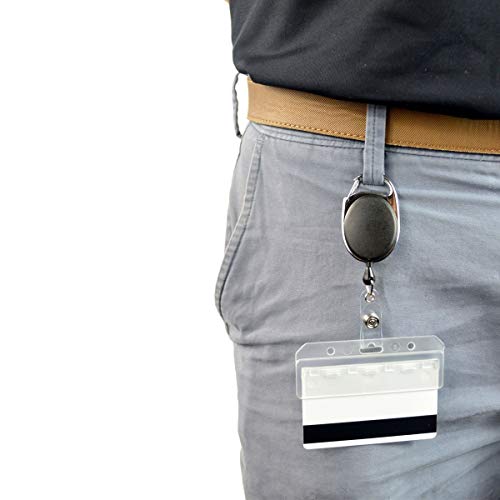 2 Pack - Premium Retractable Carabiner Badge Reels With Horizontal Half Card Badge Holders (Clear Plastic) - Leaves Magnetic Mag Stripe Exposed For Pos And Swipe Cards By Specialist Id (Solid Black) #TOP4