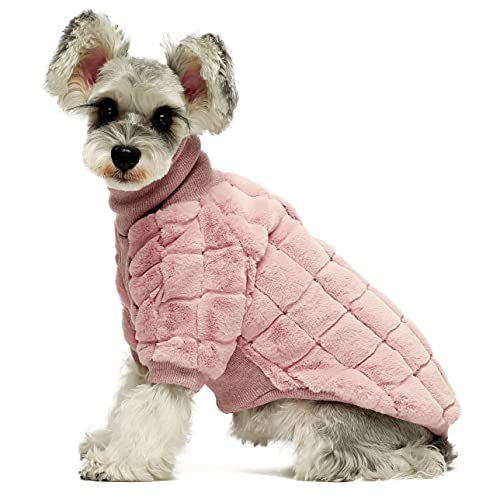 Fitwarm Luxury Faux Furred Dog Coat for Small Dog Turtleneck Fuzzy Sweater Puppy Winter Clothes Doggie Knitted Pet Cold Weather Clothes Doggy Pullover Jacket Cat Apparel Pink Medium