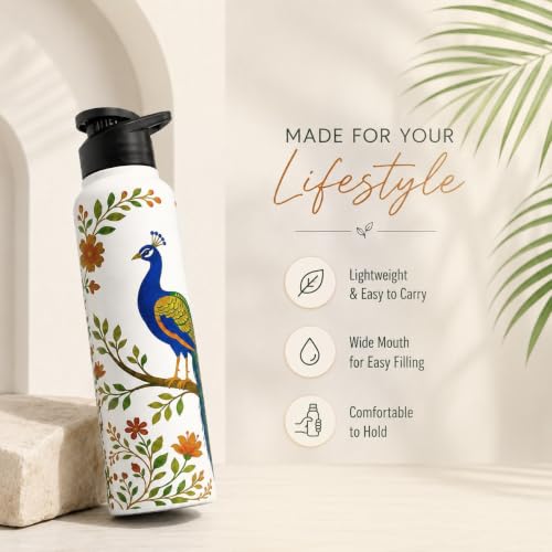 Image of Omichef Stainless Steel Single Wall Peacock Floral Print 1000ML, Fridge Water Bottle |BPA Free | Leak-Proof, Best for School /Office /Home /College