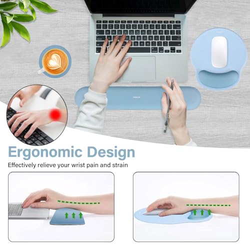 Image of MOSISO Wrist Rest Support for Mouse Pad&Keyboard Set, Circle Curved Ergonomic Mousepad&Coaster Non-Slip Base Home /Office Pain Relief&Easy Typing Pad with Soft Cloth&Raised Memory Foam, Air Blue