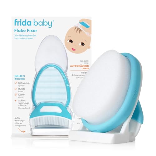 Frida Baby DermaFrida FlakeFixer | 3-teiliges Set gegen Milchschorf bei Babys | Mit Schwamm Bürste Kamm & Ständer | Sanfte Kopfhautpflege ab Geburt | Beruhigt & entfernt Schuppen schonend