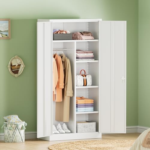 Image of INTERGREAT Metal Wardrobe Closet, 71 inch White Locking Storage Wardrobe Cabinet with Doors and Shelves, Tall Steel Clothes Storage for Office, Home, School, Gym