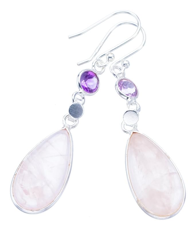 Boucles d'oreilles Rose Quartz et Améthyste en argent 925 fait main de 5cm