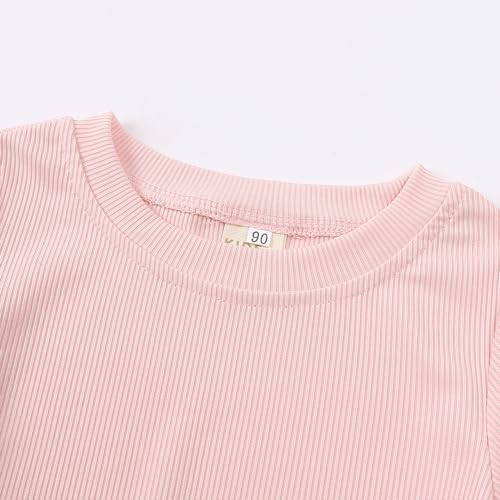 Image of Toddler Girl Summer Clothes Little Girl Outfit Short Sleeve Shirt + Flared Pants 2 Pieces Girls Clothing Set,Pink /2-3Y
