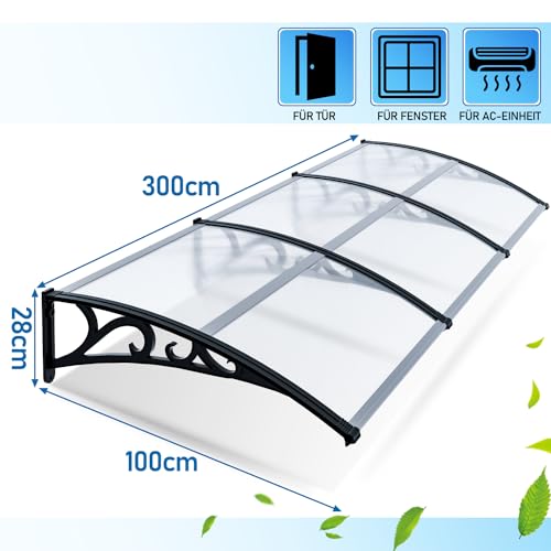 Sonnewelt Vordach für Haustür 100 x 300 cm, Überdachung aus 5 mm Polycarbonat und ABS, Transparentes Pultbogenvordach, Pultvordach mit UV-Schutz für draußen, Regenschutz
