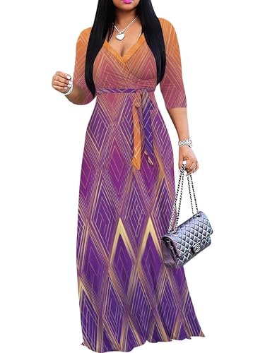 Image of Plus Size Maxi Dress for Women V Neck 3 /4 Sleeve Wrap Dress