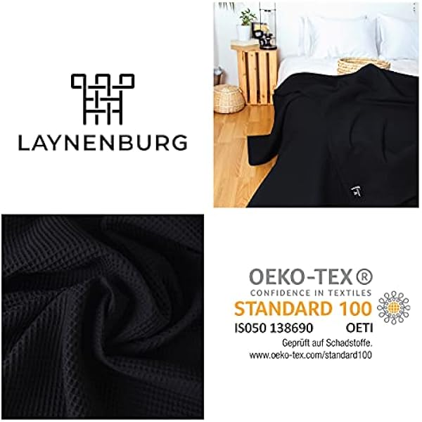 LAYNENBURG — покрывало премиум-класса, 180 x 220 см, 100% хлопок с вафельной текстурой, легкое летнее покрывало, хлопковое покрывало для кровати или дивана, черного цвета