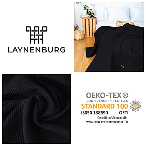 LAYNENBURG narzuta klasy premium, 240 x 260 cm (rozmiar XXL), 100% bawełny o strukturze waflowej, lekkie nakrycie letnie, bawełniana narzuta na łóżko, sofę, czarna