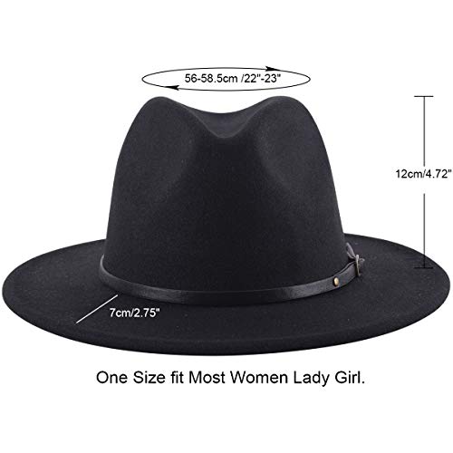 Lanzom Womens Classic Wide Brim Floppy Panama Hat Belt Buckle Wool Fedora Hat (One Size, Black + Khaki(Inside)) #TOP1