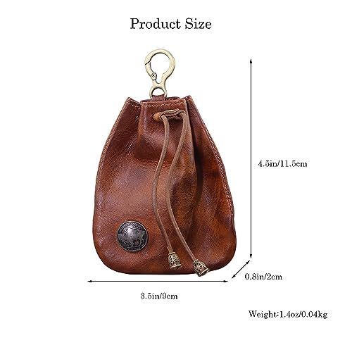 1Pcs Genuine Leather Drawstring Coin Purse Change Wallet Medieval Pouch Vintage Leather Coin Bag With Metal Clasp Mini Change Purse for Women Men (Light brown)2