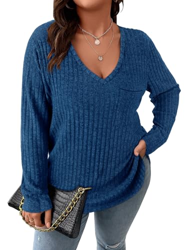 Image of Koscacy Women Plus Size Casual Knit Sweater with Pocket V Neck Solid Color Tops Lightweight Long Sleeve Blouses