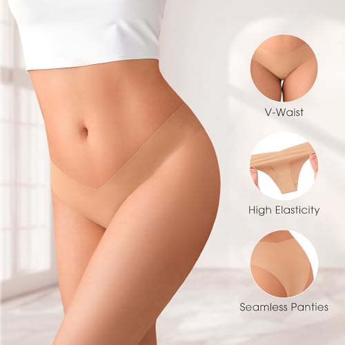 Image of DEANGELMON Women Seamless Bikini Cheeky Underwear Invisible No Show Panties V-Waist Hipster Ladies Soft Stretch Multi Pack