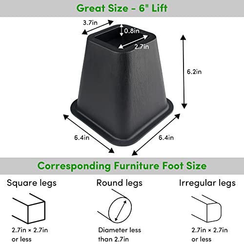 DEDU Bed Risers 6 Inch Heavy Duty 4 Pack, Furniture Risers for Sofas Oversized, Couch Risers with Non-Slip Pad Supports Up to 2200 Lbs for Bed, Desk, Chair (Black) - Thumbnail 2
