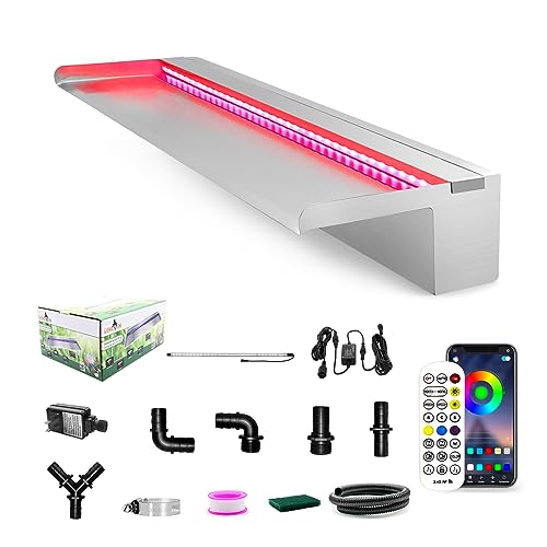 LONGRUN Stainless Steel Waterfall Spillway, APP Control Multi-Color LED Light Outdoor Pool Fountain, Water Spillway Koi Pond Waterfalls Fountains Kit for Garden Patio Swimming Pool Decoration-35.4