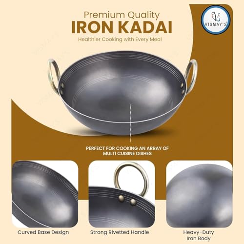Image of VISMAY'S 9 Inch 600 ML Food Grade Iron Kadhai Wok Frypan Lohe ki Kadai Smooth Edges Riveted Handles Deep Frying, Roasting Metal Spoon Friendly Traditional Indian Cooking Durable Kitchen Cookware