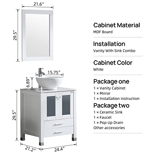 wonline 24” White Bathroom Vanity and Sink Combo Wood Cabinet Top Round Ceramic Vessel Sink Faucet Drain Combo with Mirror Vanities Set