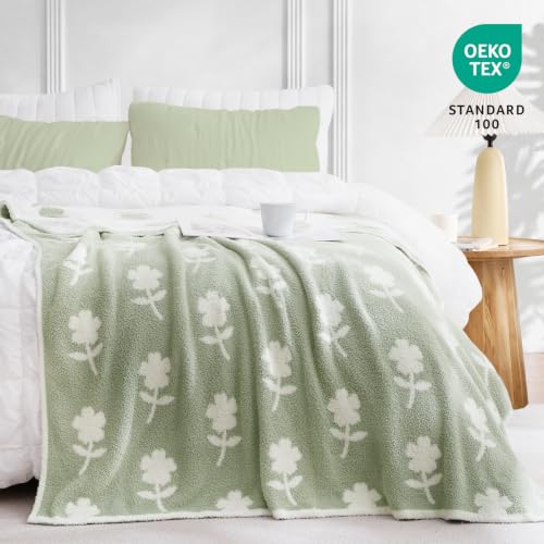 Snuggle Sac Twin Size Bedding Blanket, Sage Green Flower Throw Blanket for Couch, Microfiber Fluffy Warm Cozy Fuzzy Soft Reversible Blankets, Sage Green, 60x80 inches - image 3