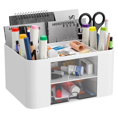 Senders Desk Organiser with 2 Drawers Desk Tidy Organiser with Pen Holder Desktop Stationary for School Office Home Makeup Supplies Practical and Stylish Storage Solution (White)