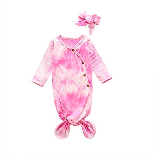 Newborn Baby Tie Dye Nightgowns Headband Knotted Sleeping Bag Ribbed Romper Coming Home Outfit Sleepwear for Boys Girls Nightgown Mermaid Tail Layette Swaddle Wear Pjs Pajamas Hot Pink 0-6 Months
