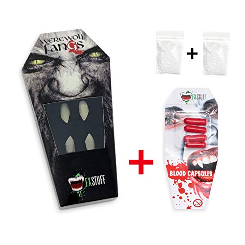 Preisvergleich Produktbild FXSTUFF Werwolf Zähne + Kunstblut Kapseln + Abformmasse (wiederverwendbar)