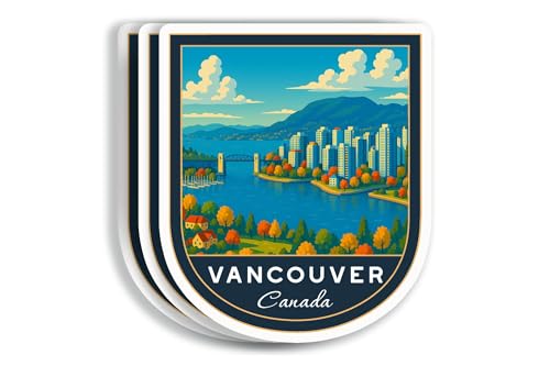 (3Pcs 3X3) Vancouver Canada Stickers - Canada Travel Sticker - Vancouver Travel Gift - Tourism Souvenir - Decals for Luggage - Suitcase - Scrapbook - Laptop - Water Bottle