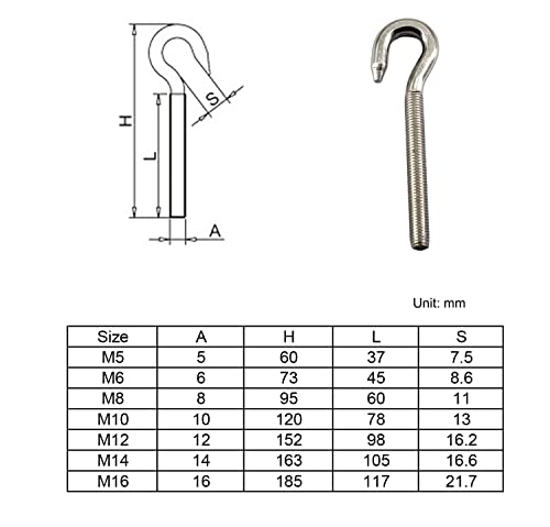 Image of 2Pcs Stainless Steel M14 Eye Bolt Long Shank Threaded Rod Round Hook Eyelet Bolt Screw