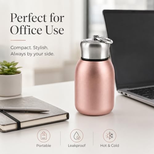 Image of Mini Stainless Steel Vacuum Insulated Water Bottle, 280ml, Black, Leakproof, Hot and Cold, with Keyring Cap (Gold)