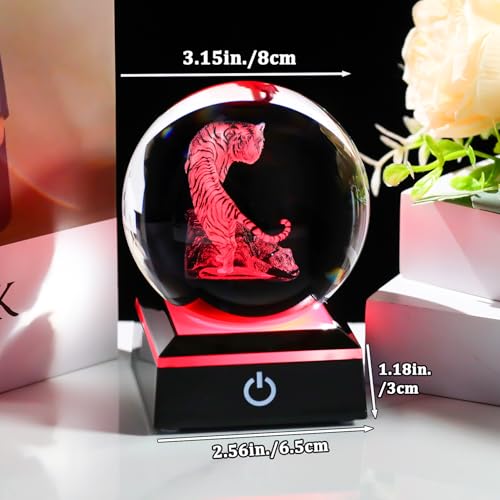 Image of Arikyrist 3D Tiger Crystal Ball Figurine with Colorful Light Base, Tiger Gifts for Women Men on Christmas Birthday, Laser Engraved Tiger Collectible Globe Glass Decorative Ball for Home Office (80mm)