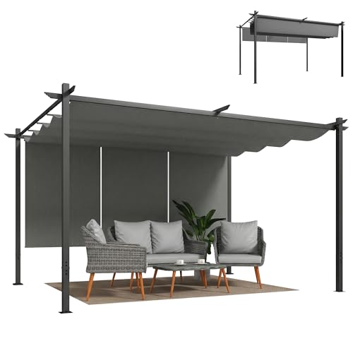 Outsunny Pérgola de Jardín 4x3 m con Techo Retráctil y 3 Laterales Enrollables, Cenador de Jardín Montado en Pared o Independiente, con UPF30+, Estructura Metálica, Pabellón para Exterior, Gris