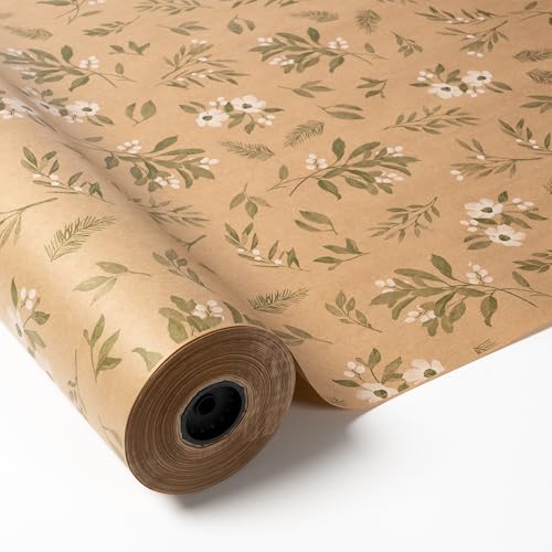 PAKOT | Rollo Papel Kraft Decorativo Marrón con Hojas y Plantas Verdes - Bobina 70 cm x 50 m - Papel para Envolver Flores, Regalos, Ramos, Tiendas, Bodas y Decoración