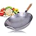 Wok Sartén de acero al carbono para wok hecho a mano, gran wok y mango de madera, antiadherente, utensilios de cocina (13.5 pulgadas)