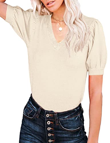 Image of Womens Puff Short Sleeve Sweater Tops Crewneck Basic Knit Pullover Lightweight Solid Casual Sweaters