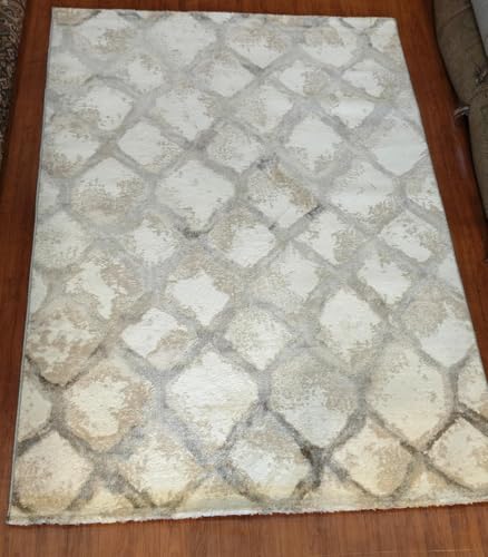 Image of 8x11 Feet (240x340 CM) Carpet for Living Room Hall & Drawing Room - Ivory Multi Diamond Modern Abstract Geometric Silk-Touch Luxury Hotel-Style Washable Anti-Skid Turkish Area Rug